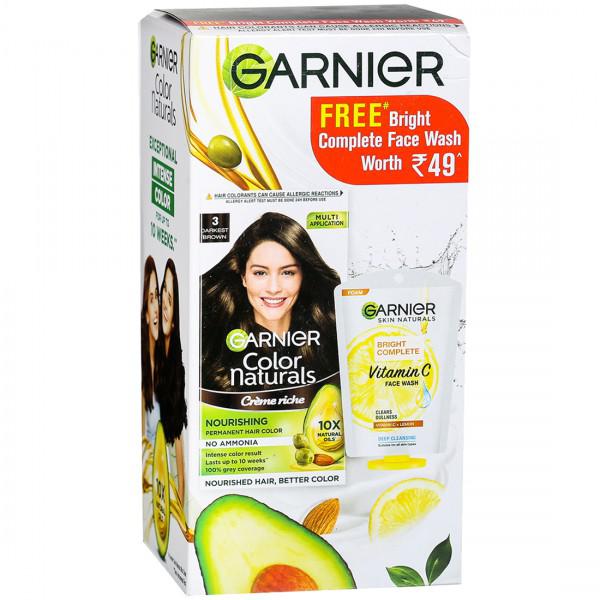 Buy Garnier Color Naturals Creme Riche Nourishing Hair Color 3 Darkest  Brown (Free Complete FaceWash25g) (70 ml + 60 g) Online at Best price in  India | Flipkart Health+