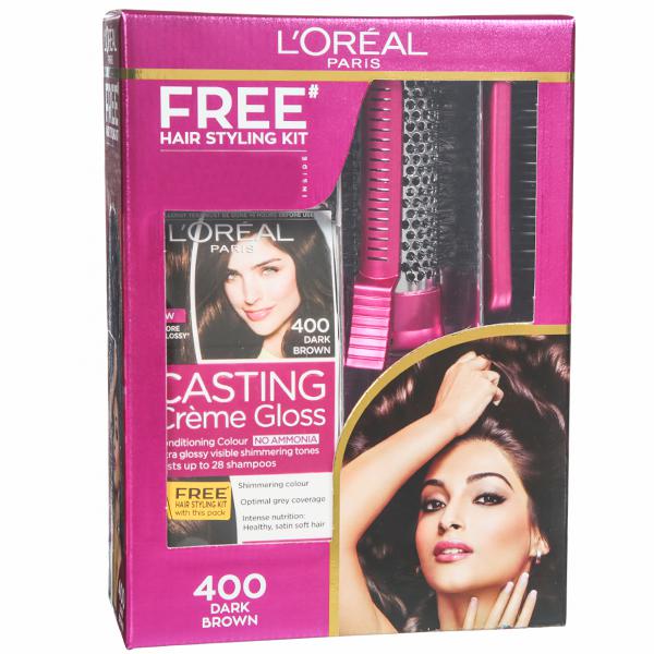 Buy Loreal Paris Casting Creme Gloss Conditioning Hair Colour 400 Dark  Brown (Free 1U Hair Styling Kit) ( g + 72 ml) Online at Best price in  India | Flipkart Health+