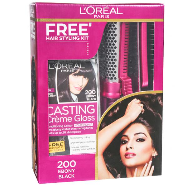 Buy Loreal Paris Casting Creme Gloss Conditioning Hair Colour 200 Ebony  Black (Free Hair Styling Kit) ( g + 72 ml) Online at Best price in  India | Flipkart Health+