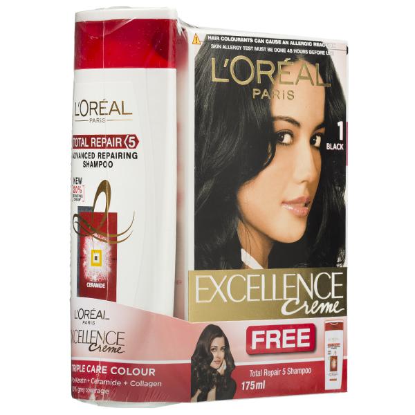 Buy Loreal Paris Excellence Creme Hair Colour 1 Black (Free Loreal Paris  Sahmpoo 175 ml) (100 g + 72 ml) Online at Best price in India | Flipkart  Health+