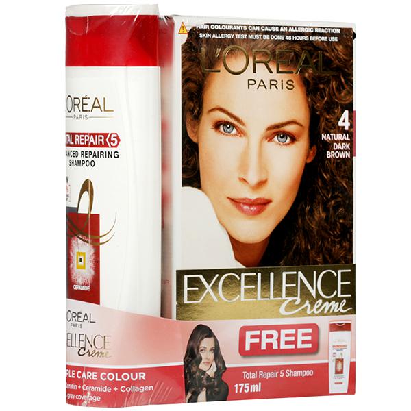 Buy Loreal Paris Excellence Creme Hair Colour 4 Natural Dark Brown (Free  Loreal paris Shampoo 175 ml) (100 g + 72 ml) Online at Best price in India  | Flipkart Health+