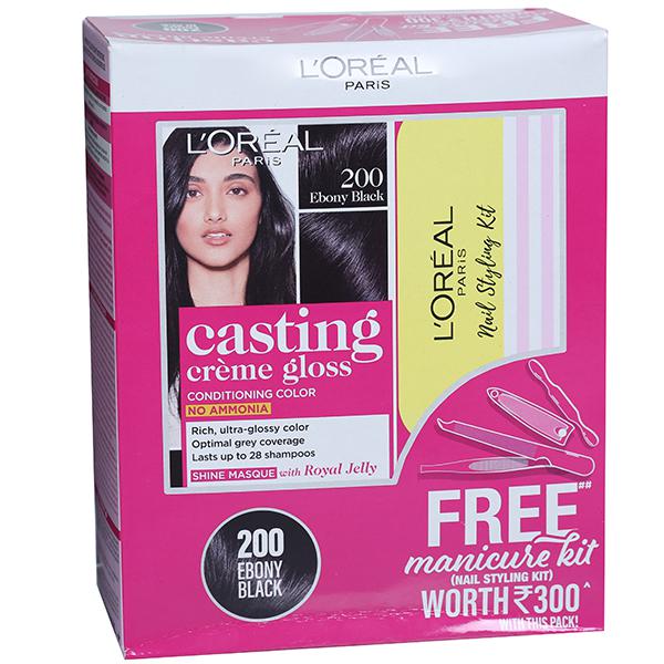 Buy Loreal Paris Casting Creme Gloss Conditioning Hair Color 200 Ebony Black  (Free Manicure Kit) ( g + 72 ml) Online at Best price in India |  Flipkart Health+